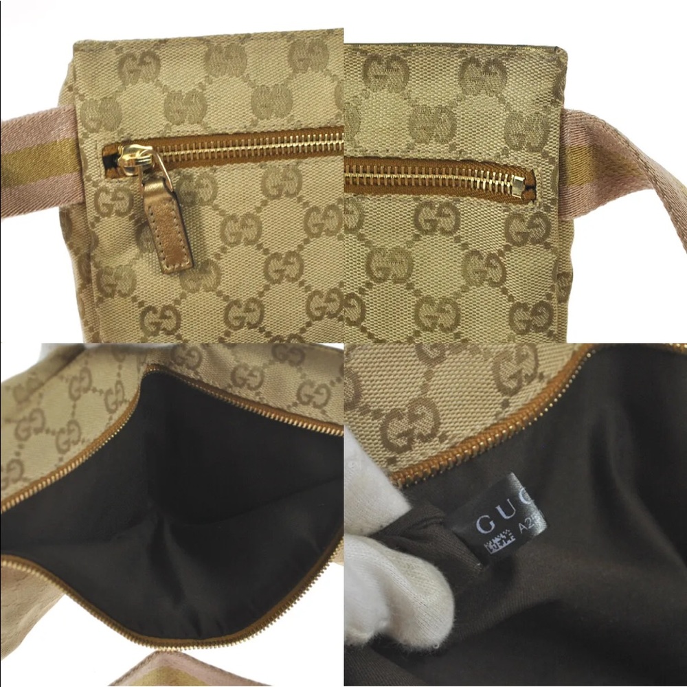 Gucci Gold Beige GG Canvas Dual Pocket Crossbody Belt Bag - Picture 7 of 12